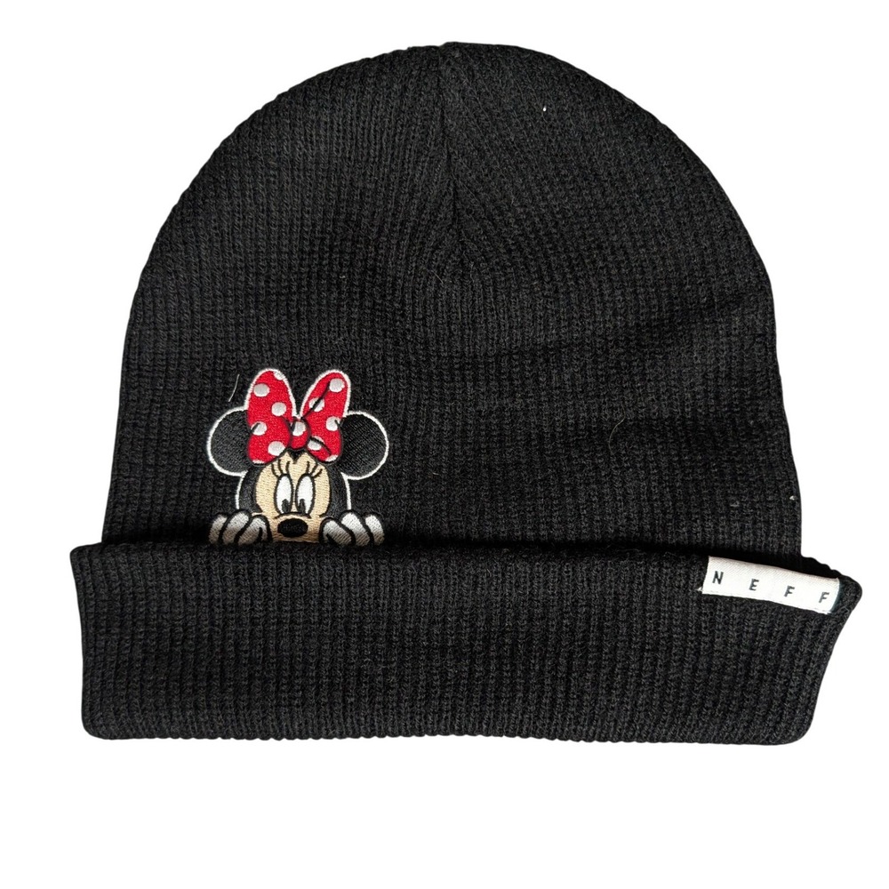 Neff Disney Minnie Mouse Black Ribbed Knit Beanie Hat Fold Over Cuff Embroidery